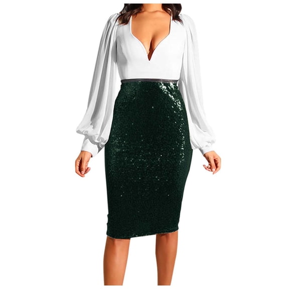 vigerkar Glitter Sequin Skirt for Women High Waist Stretch Bodycon Skirts Concert Party Sparkly Knee Length Wrap Midi Skirt (Dark Green, M)