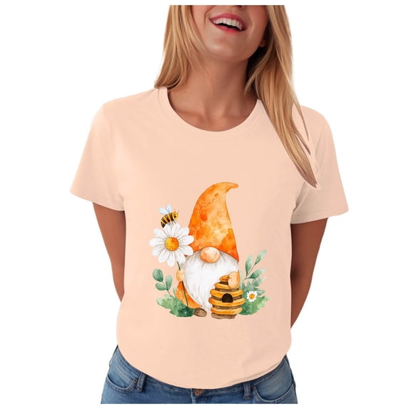 vigerkar Gnome T-Shirt for Women Floral Graphic Tees Cute Gnome Short Sleeve Tee Tops 2026 Summer (Light Pink, 3XL)