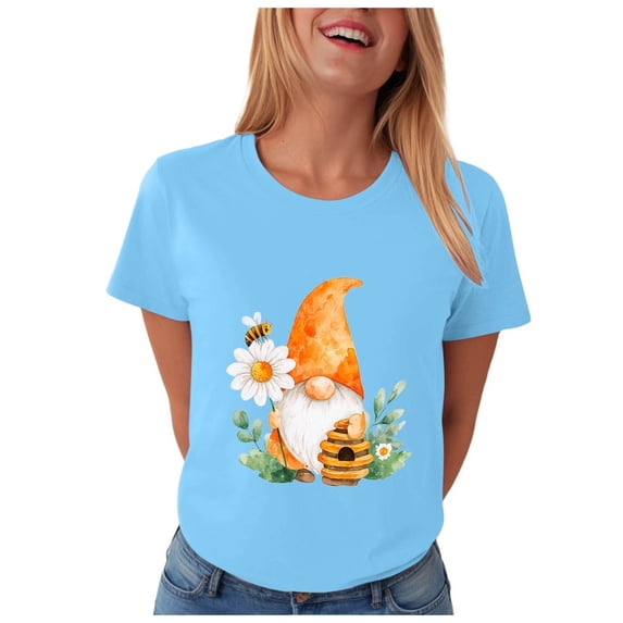 vigerkar Gnome T-Shirt for Women Floral Graphic Tees Cute Gnome Short Sleeve Tee Tops 2026 Summer (Sky Blue, 3XL)