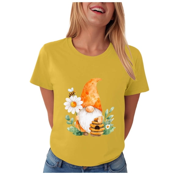vigerkar Gnome T-Shirt for Women Floral Graphic Tees Cute Gnome Short Sleeve Tee Tops 2026 Summer (Yellow, XXL)