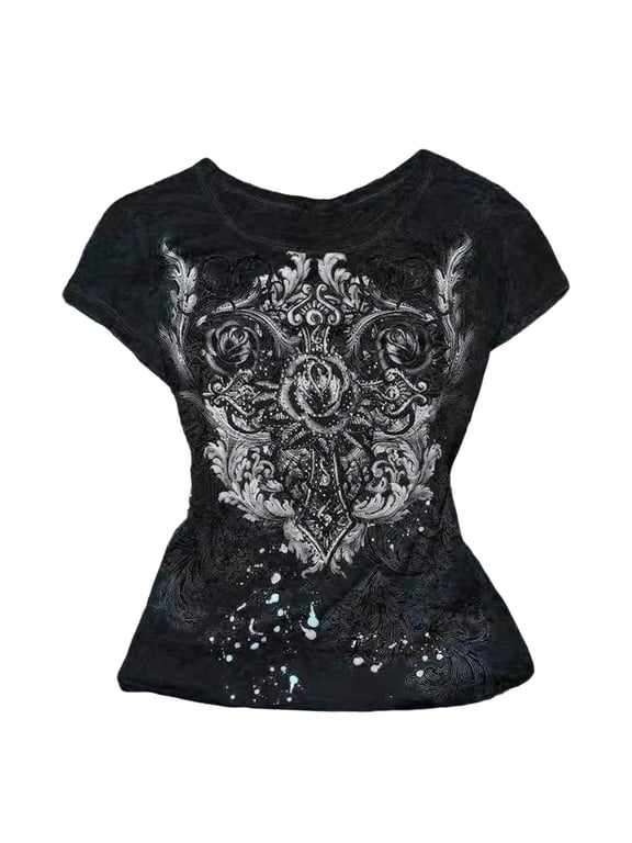 Grunge Shirts Emo Clothes Teen Girls Vintage Graphic Tee Y2k 2000s Goth Top Women Short Sleeve Streetwear (White, S)