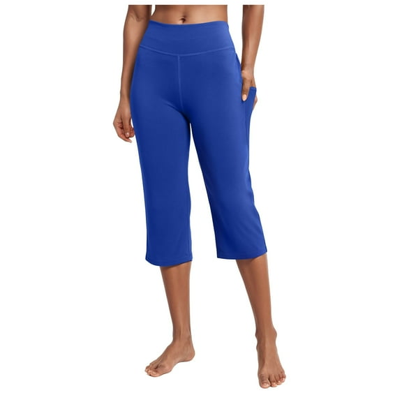 vigerkar Gym Capri Pants for Women High Waist with Pockets Tummy Control Loose Straight Leg Capri Workout Yoga Pants Blue, M