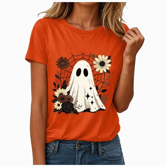 vigerkar Halloween Shirts for Women Cute Ghost Flowers Spooky Season Tee, Funny Fall T Shirt Short Sleeve Vintage Graphic Tees for Women (Orange, 3XL)