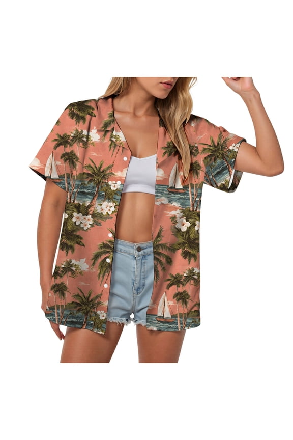 Hawaiian Shirts Women Hawaii Tshirt Cool Floral Tropic Print Graphic Tees Tops Button Up Summer Vacation Shirt (Orange, M)