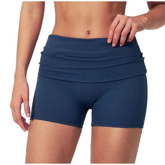vigerkar High-Rise Foldover Yoga Shorts for Women - Stretchy Fabric for Pilates, Workout & Casual Streetwear (Navy, XL)