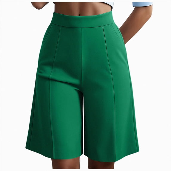 vigerkar High Waist Bermuda Shorts Women Knee Length Wide Leg Dressy Casual Summer Pleated Front Work Shorts with Pockets, Tailored Office & Beach Versatile (Green, M)