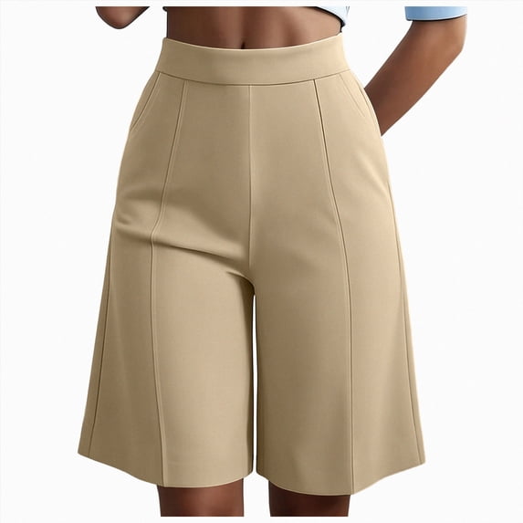 vigerkar High Waist Bermuda Shorts Women Knee Length Wide Leg Dressy Casual Summer Pleated Front Work Shorts with Pockets, Tailored Office & Beach Versatile (Beige, M)