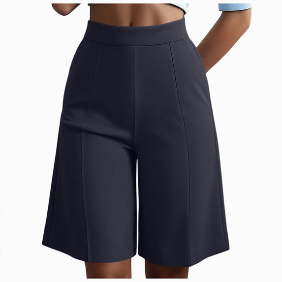 vigerkar High Waist Bermuda Shorts Women Knee Length Wide Leg Dressy Casual Summer Pleated Front Work Shorts with Pockets, Tailored Office & Beach Versatile (Navy, M)