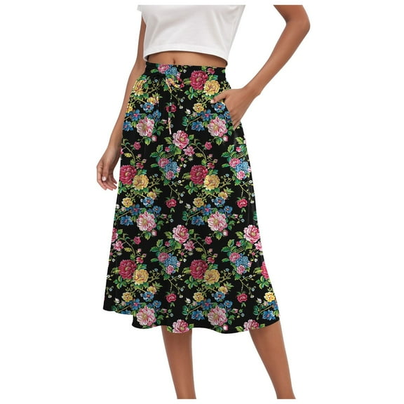 vigerkar High Waist Skirts for Women Summer Casual A Line Ruffle Swing Floral Midi Skirt with Pockets Black, S