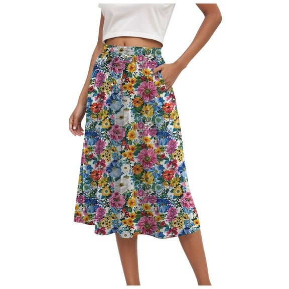 vigerkar High Waist Skirts for Women Summer Casual A Line Ruffle Swing Floral Midi Skirt with Pockets Blue, S