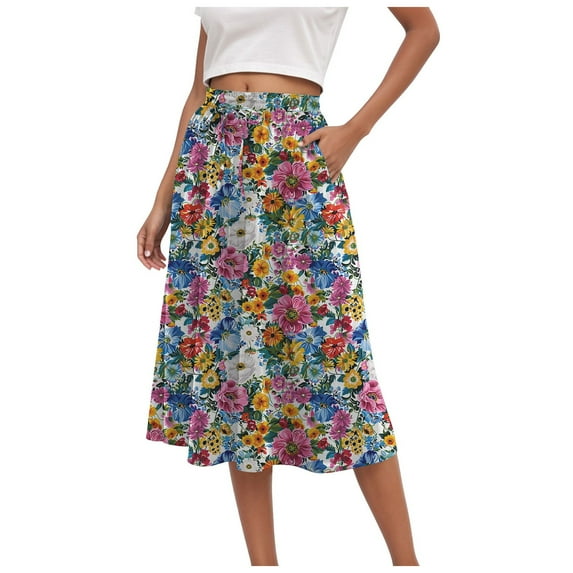 vigerkar High Waist Skirts for Women Summer Casual A Line Ruffle Swing Floral Midi Skirt with Pockets Blue, XL