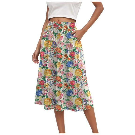 vigerkar High Waist Skirts for Women Summer Casual A Line Ruffle Swing Floral Midi Skirt with Pockets Yellow, L