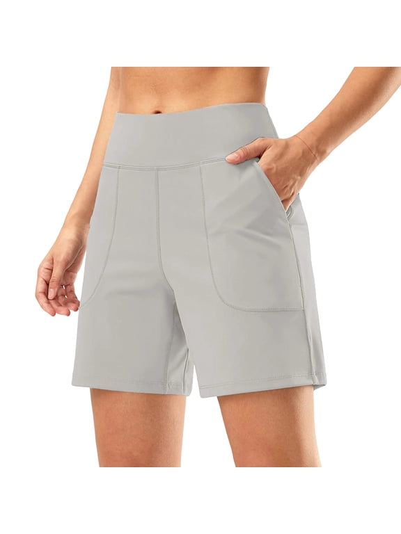 High-Waisted Athletic Shorts for Women - 6" Inseam with Pockets, Soft Fabric for Running, Walking & Yoga (Light Gray, M)