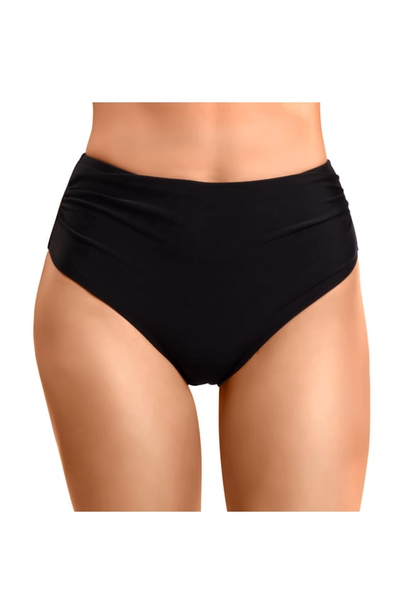 High Waisted Bikini Bottom for Women Tummy Control Ruched Bathing Suit Swim Bottom Black, L