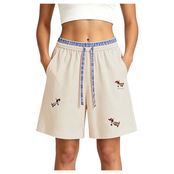 vigerkar High Waisted Embroidery Baggy Shorts with Elastic Waisted Wide Leg Cute Short Pants (Beige, 4XL)