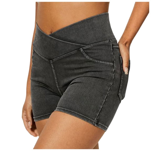 vigerkar High Waisted Jeans Shorts for Women Stretchy Shorts Crossover Denim Summer Short Pants with Pockets (Dark Gray, XL)