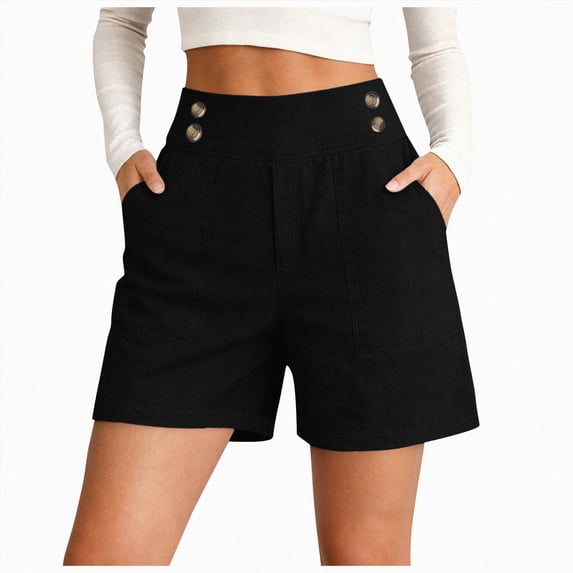 vigerkar High Waisted Shorts Women Cotton Button Detail Casual Shorts Vacation Short Pants with Pockets, Lightweight Classic Fit Summer Beach Travel (Black, S)