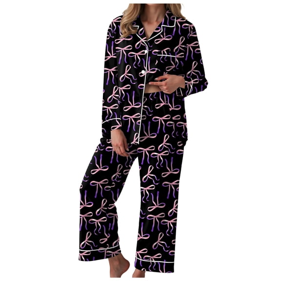 vigerkar Holiday Cute Bow Pajamas Women Silk Satin Pink Heart Print Pjs 2 Piece Long Sleeve Shirt Matching Lounge Pants Set (Black, S)