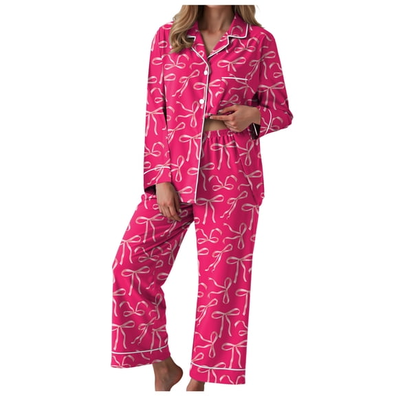 vigerkar Holiday Cute Bow Pajamas Women Silk Satin Pink Heart Print Pjs 2 Piece Long Sleeve Shirt Matching Lounge Pants Set (Hot Pink, S)