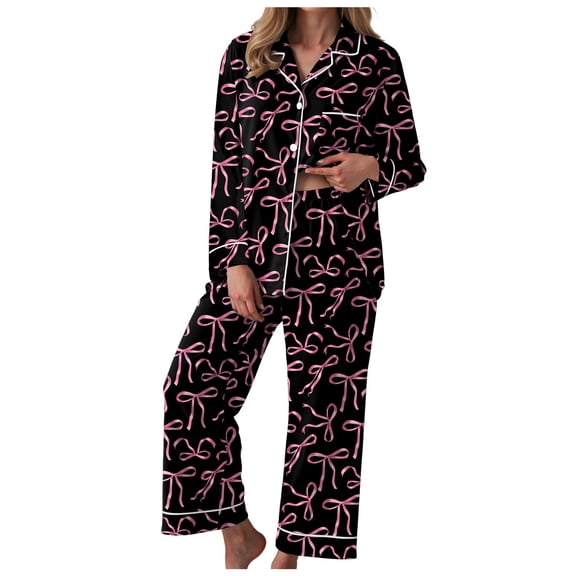 vigerkar Holiday Cute Bow Pajamas Women Silk Satin Pink Heart Print Pjs 2 Piece Long Sleeve Shirt Matching Lounge Pants Set (Watermelon Red, S)