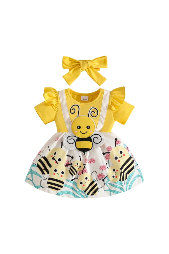 Infant Baby Girl Summer Clothes Ruffle Fly Sleeve Dress Bee Print Dresses 6Months -3 Y (Yellow, 12-18 Months)