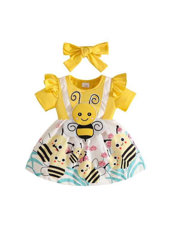 Infant Baby Girl Summer Clothes Ruffle Fly Sleeve Dress Bee Print Dresses 6Months -3 Y (Yellow, 12-18 Months)