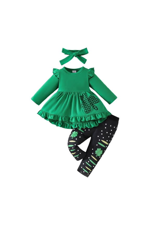 Infant Girl St Patricks Day Outfit Shamrock Shirt Dress Top+Four-leaf Clover Pants 12M-3 Years (Green, 12-18 Months)