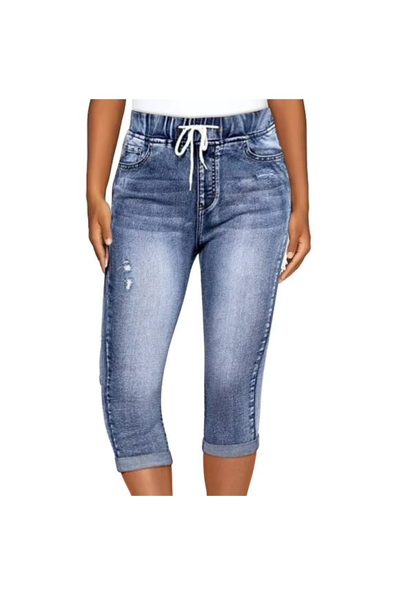 Jeggings for Women Pull On Drawstring Elastic High Waisted Jeans Capri Leggings Casual Denim Pants with Pockets Navy, XXL