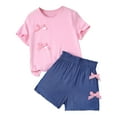 thumbnail image 1 of vigerkar Kid Girls Clothes Outfits Cute Sweet Bowknot Print T-Shirt + Bowknot 2 In 1 Denim Short Summer Clothing Set (Pink, 9-10 Years), 1 of 7