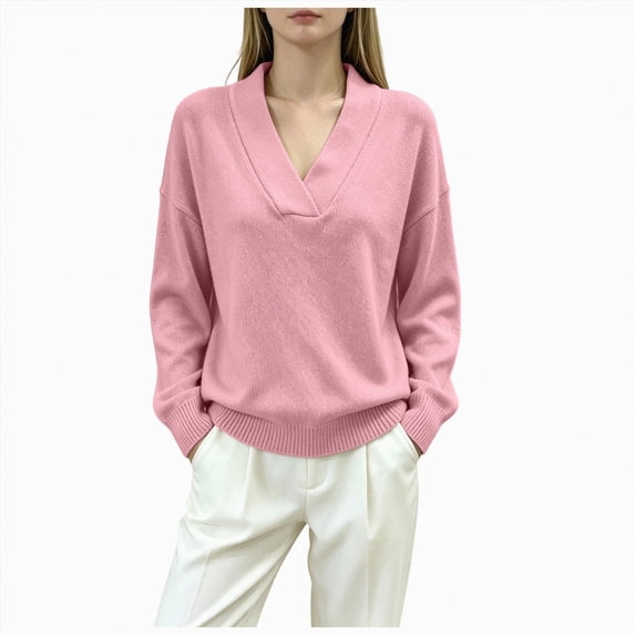 vigerkar Knit Sweaters Women Long Sleeve v Neck Pullover Tops Casual Loose Cozy Spring Sweater Shirts (Pink, XXL)
