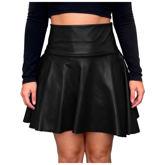 vigerkar Leather Skater Skirt, Women's Loose Mini A-line High Waist Casual Stretchy Skirts (Black, M)