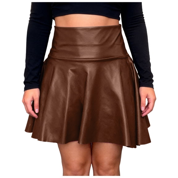 vigerkar Leather Skater Skirt, Women's Loose Mini A-line High Waist Casual Stretchy Skirts (Brown, M)