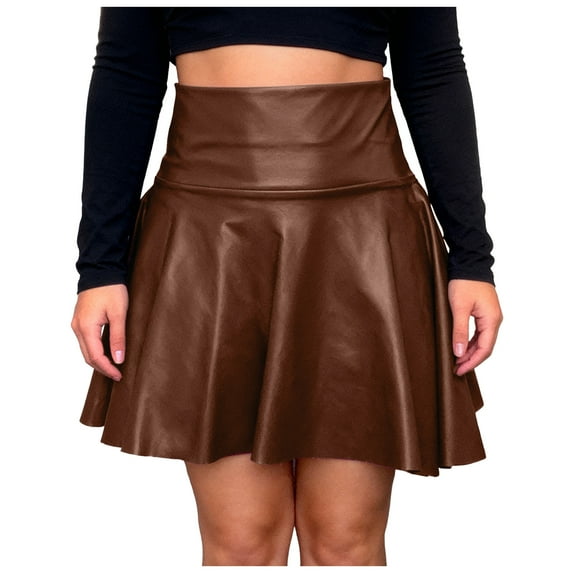 vigerkar Leather Skater Skirt, Women's Loose Mini A-line High Waist Casual Stretchy Skirts (Brown, M)
