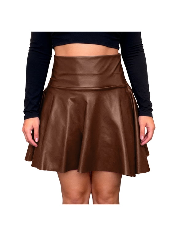 Leather Skater Skirt, Women's Loose Mini A-line High Waist Casual Stretchy Skirts (Brown, M)