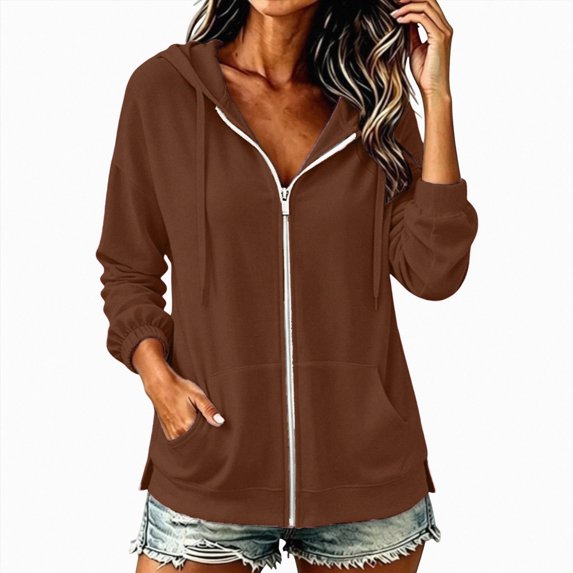vigerkar Lightweight Full Zip Hoodie for Women Oversized Sweatshirt with Pockets Long Sleeve Casual Spring Jacket (Coffee, L)