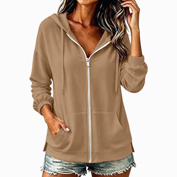 vigerkar Lightweight Full Zip Hoodie for Women Oversized Sweatshirt with Pockets Long Sleeve Casual Spring Jacket (Khaki, S)