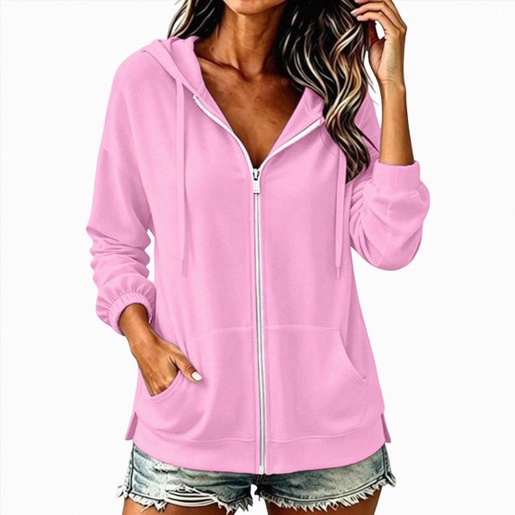 vigerkar Lightweight Full Zip Hoodie for Women Oversized Sweatshirt with Pockets Long Sleeve Casual Spring Jacket (Pink, M)