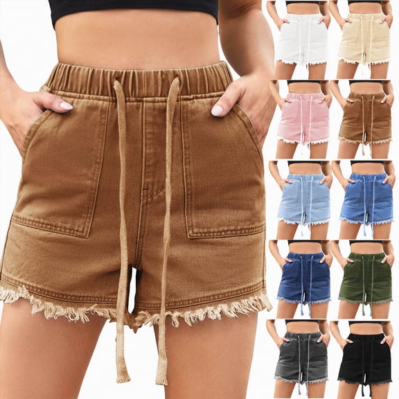vigerkar Lightweight Shorts for Women Elastic Waist Drawstring Jean Shorts Y2K Comfy Denim Shorts (Blue, XXL)