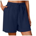 thumbnail image 1 of vigerkar Linen Bermuda Shorts for Women Drawstring High Waisted Casual Ruffle Shorts with Pocket (Blue, S), 1 of 6