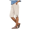 thumbnail image 1 of vigerkar Linen Bermuda Shorts for Women Knee Length Casual Summer Linen Capri Pants Lightweight Beach Shorts with Pockets Beige, L, 1 of 6