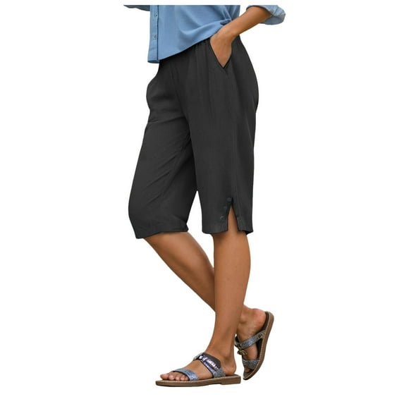 vigerkar Linen Bermuda Shorts for Women Knee Length Casual Summer Linen Capri Pants Lightweight Beach Shorts with Pockets Black, S