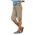thumbnail image 1 of vigerkar Linen Bermuda Shorts for Women Knee Length Casual Summer Linen Capri Pants Lightweight Beach Shorts with Pockets Khaki, M, 1 of 6