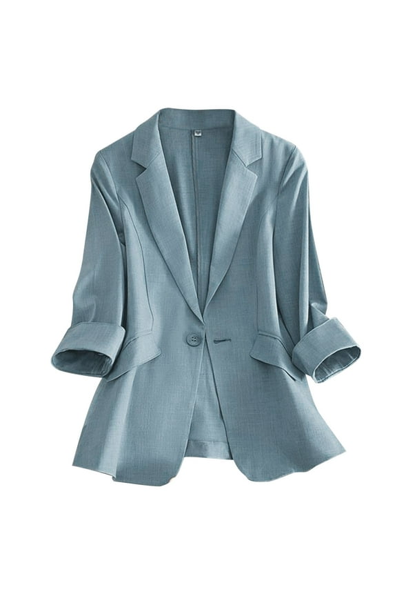 Linen Blazer Women 3/4 Sleeve Lightweight Spring Summer Blazer Jackets Blue, XL