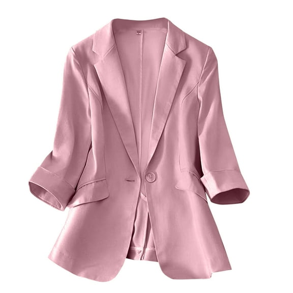 vigerkar Linen Blazer Women Summer Lightweight Casual One Button Linen Work Jackets Lapel 3/4 Sleeve Blazer for Women Trendy Pink, L