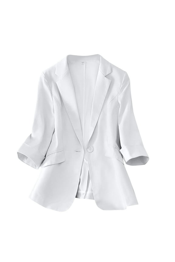 Linen Blazer Women Summer Lightweight Casual One Button Linen Work Jackets Lapel 3/4 Sleeve Blazer for Women Trendy White, XL