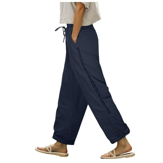 vigerkar Linen Capri Pants for Women 2025 Lightweight Drawstring Petite Elastic Waist Casual Boho Beach Pants with Pockets Navy, S