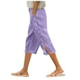 thumbnail image 1 of vigerkar Linen Capris for Women 2025 Spring Summer Elastic Pants with Pockets Side Button Casual Cropped Pants Purple, M, 1 of 5