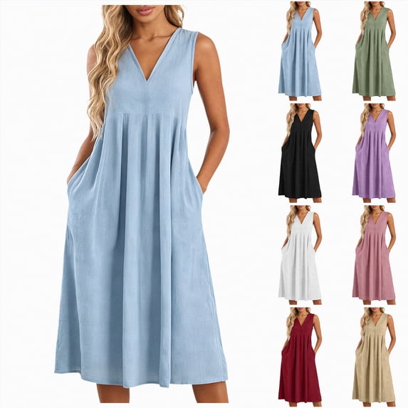 vigerkar Linen Maxi Dresses for Women Casual V-Neck Long House Dress Sleeveless Trendy Vacation Clothes Sundress with Pockets (Red, XL)