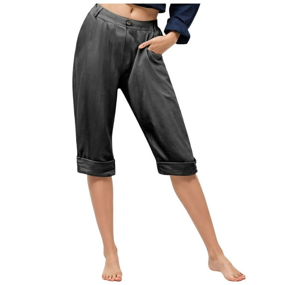 vigerkar Linen Pants for Women 2025 Casual Elastic Waist Cropped Trouser Fashion Resort Wear Beach Vacation Capris Clothes Grey, 3XL