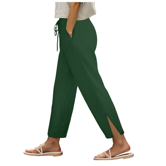 vigerkar Linen Pants for Women 2025 Summer High Waist Elastic Straight Leg Quick Dry Pant Casual Loose Lightweight Beach Trousers Dark Green, L